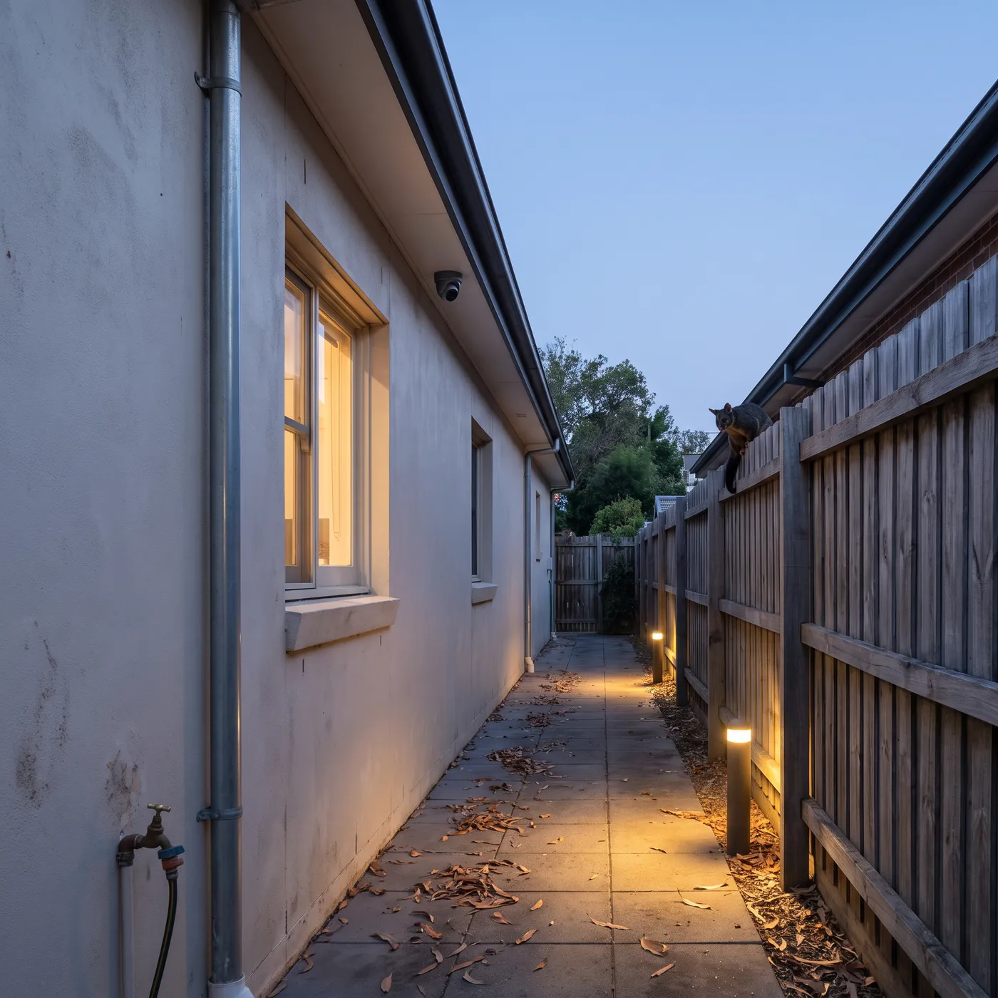 Concept visual: a side path at dusk with a small camera under the eave and a possum on the fence