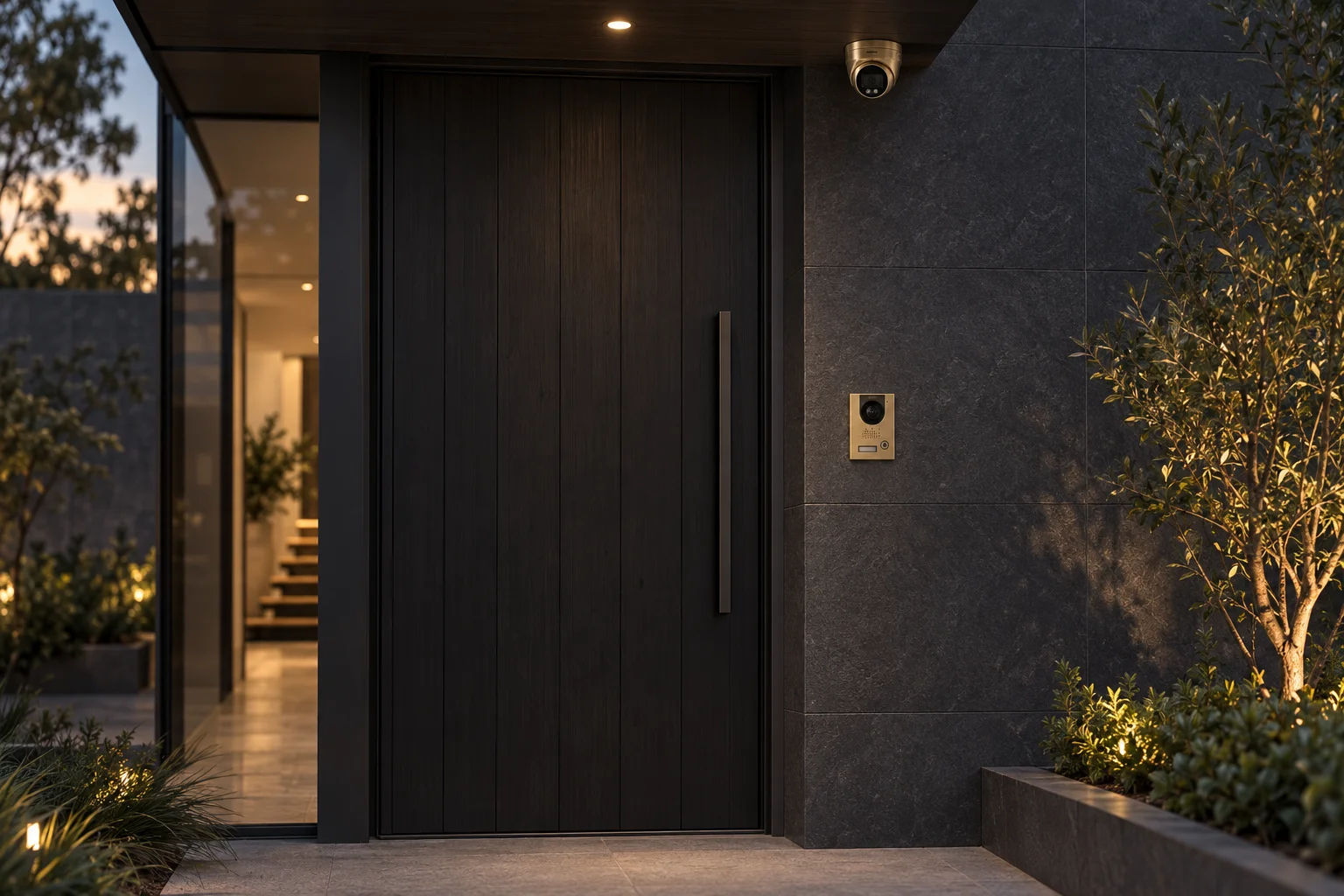 Concept entranceway with a proportioned Dahua-style turret camera and matching brushed-brass door station