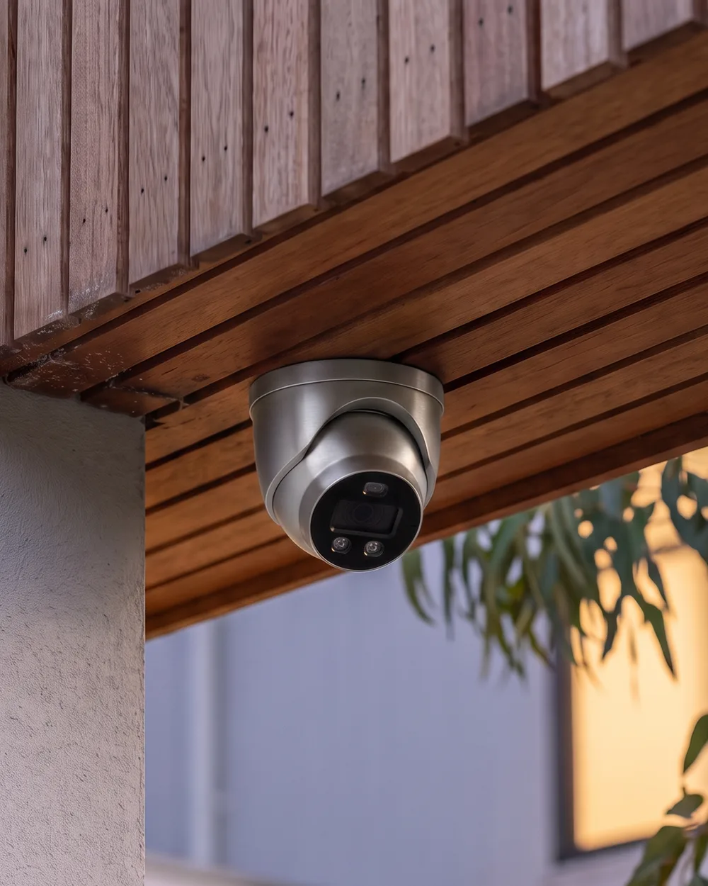 A turret camera in satin steel, mounted under a timber eave