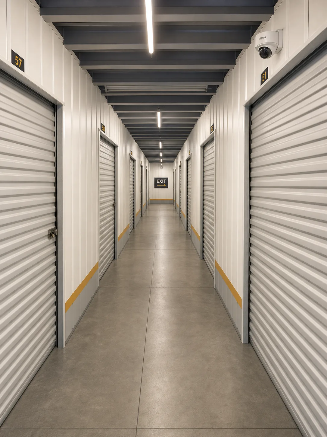 Design visual of camera coverage along a self-storage aisle